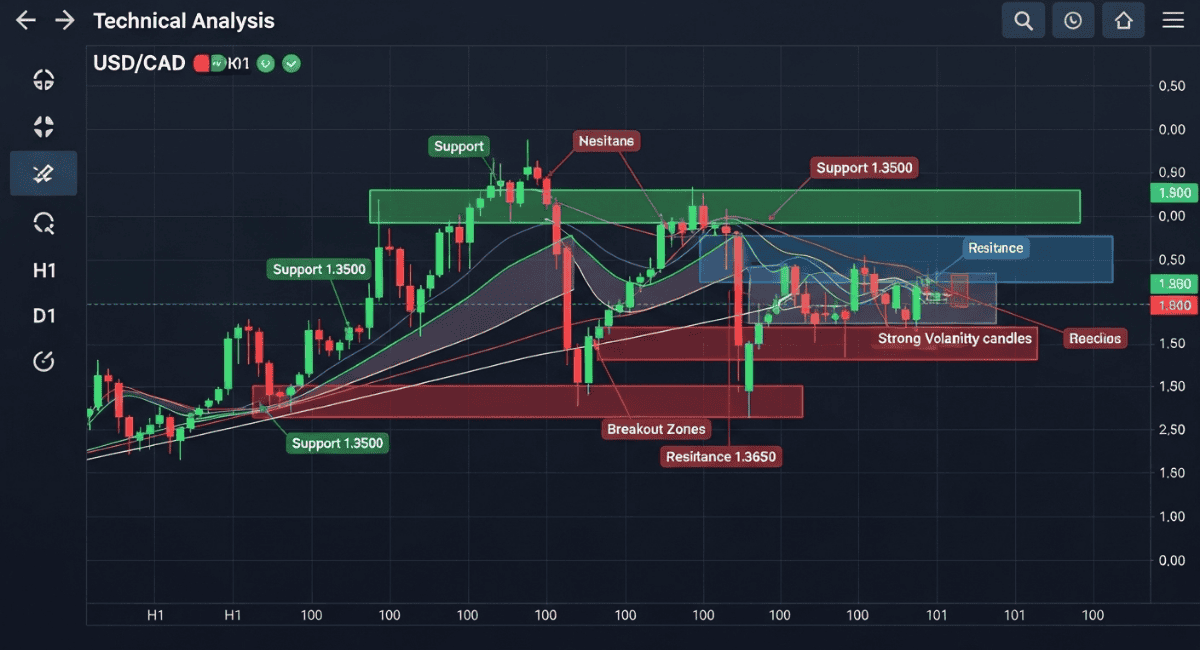 CAD trading guide Urdu USDCAD technical analysis with support and resistance levels