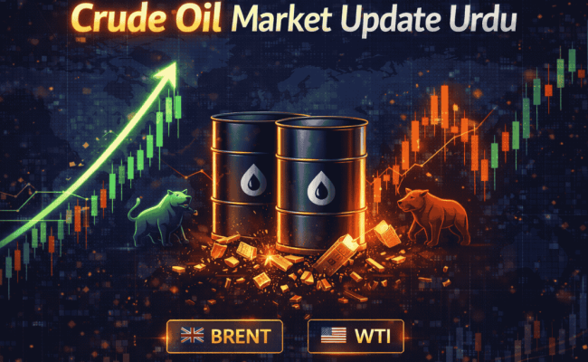 Crude oil market update Urdu showing price movement and global energy trends