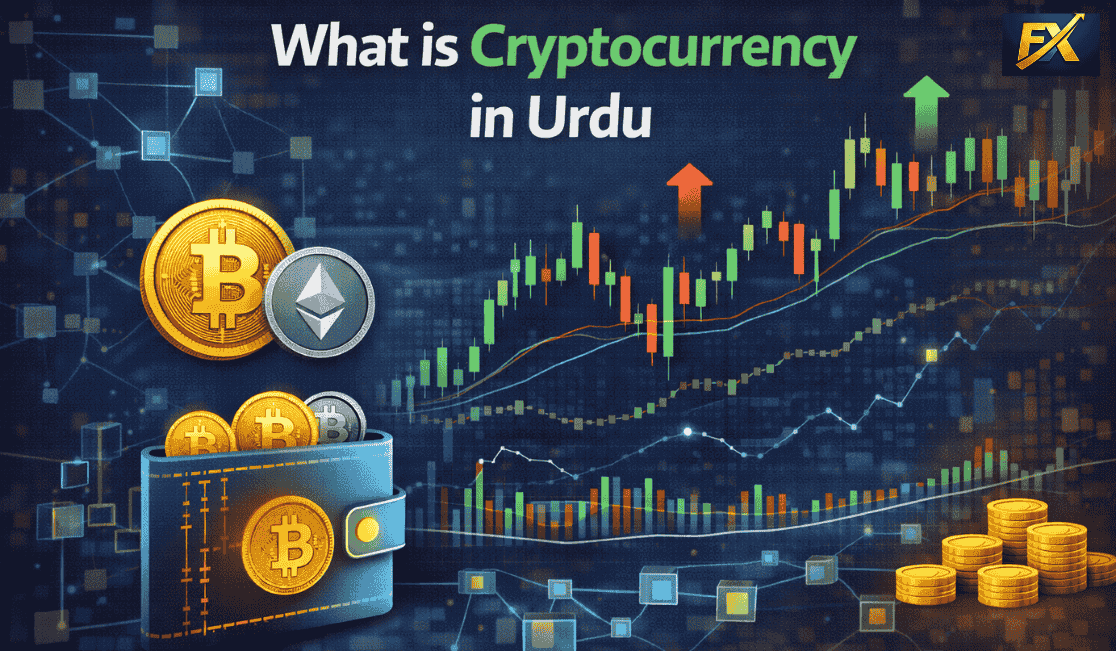 How cryptocurrency guide urdu trading works with charts and blockchain concept