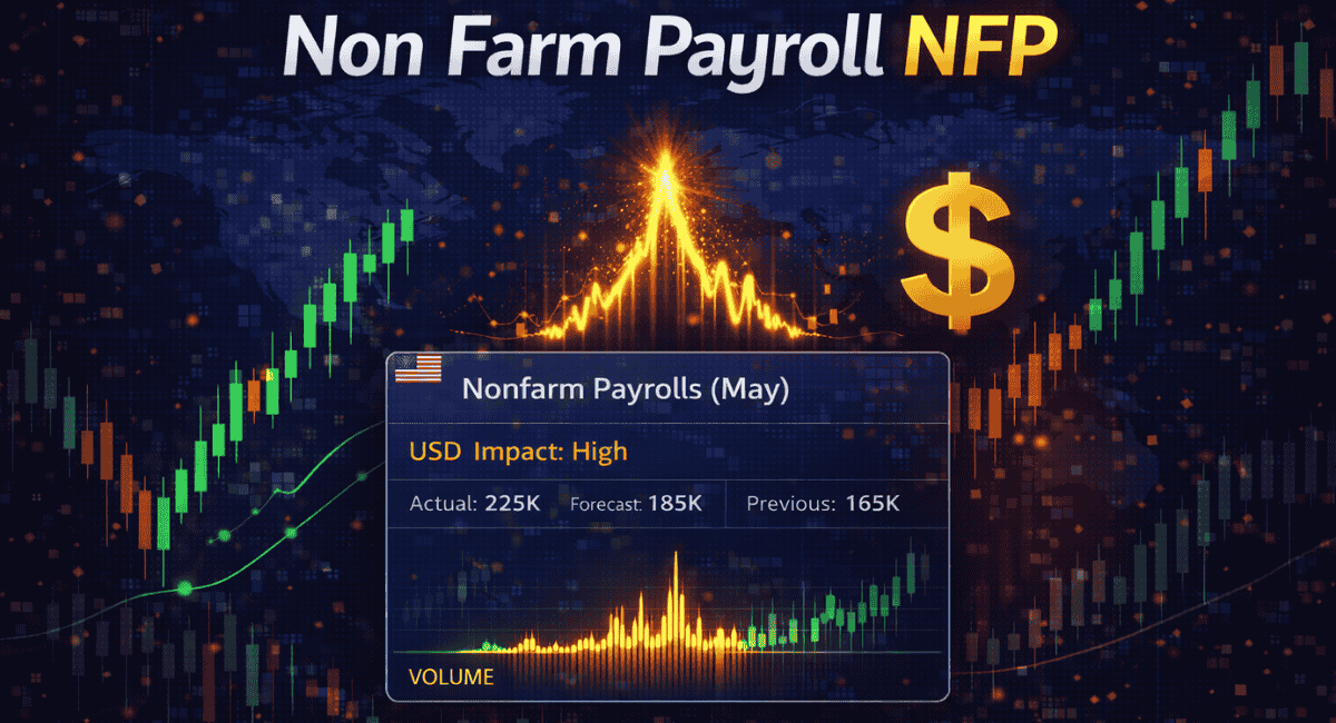 NFP Data Urdu release forex volatility chart illustration with USD symbol and price movements