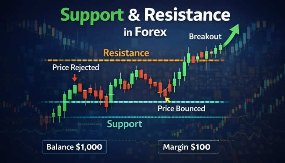 Support and resistance levels explained on forex candlestick chart